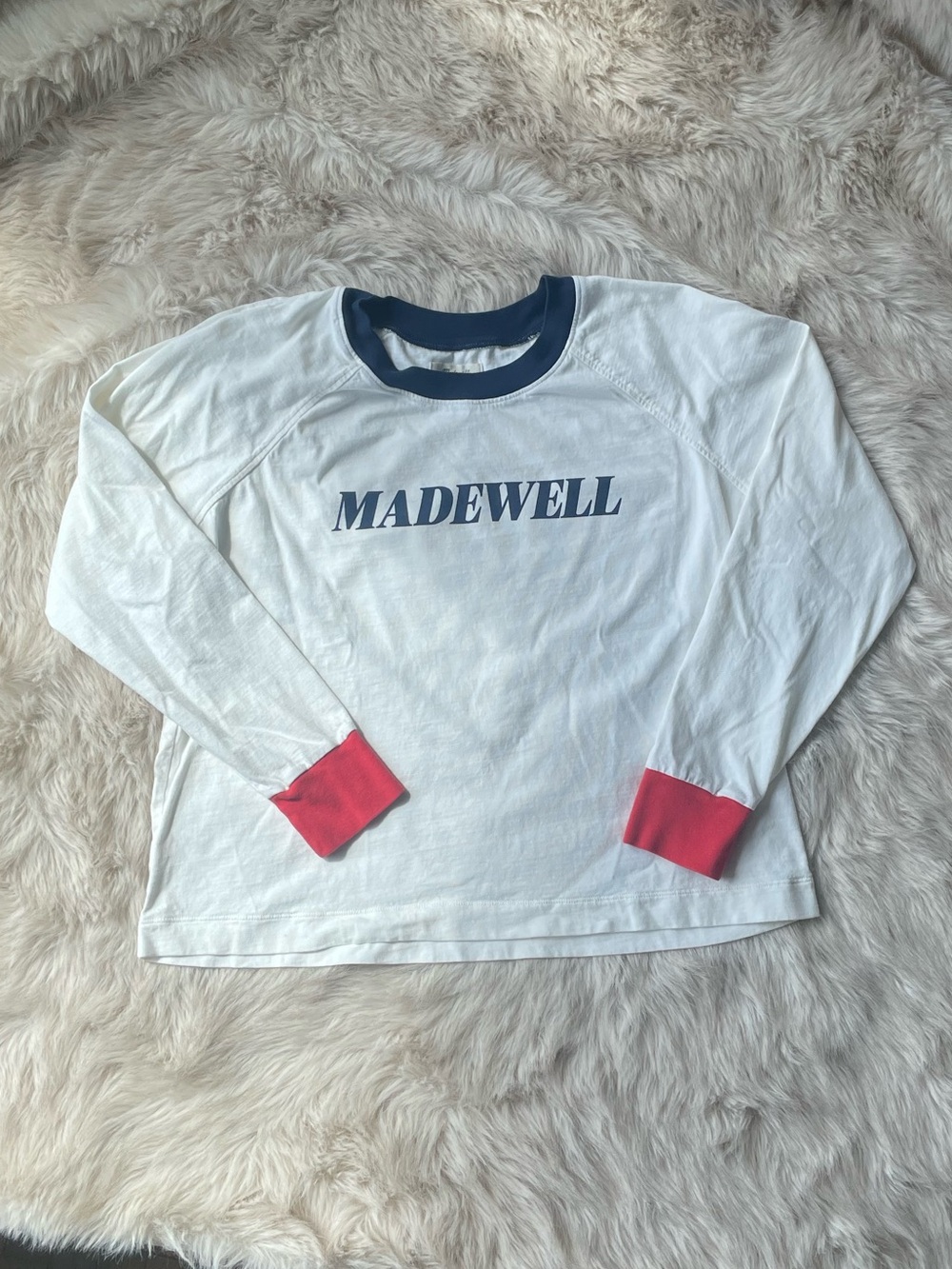 Madewell RARE White Long-Sleeve Logo Tee with Navy Neck and Red Cuffs